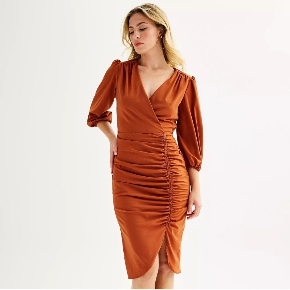 Maison Tara Surplice Top Asymmetrical Rouched Dress. terracotta. Size 6.